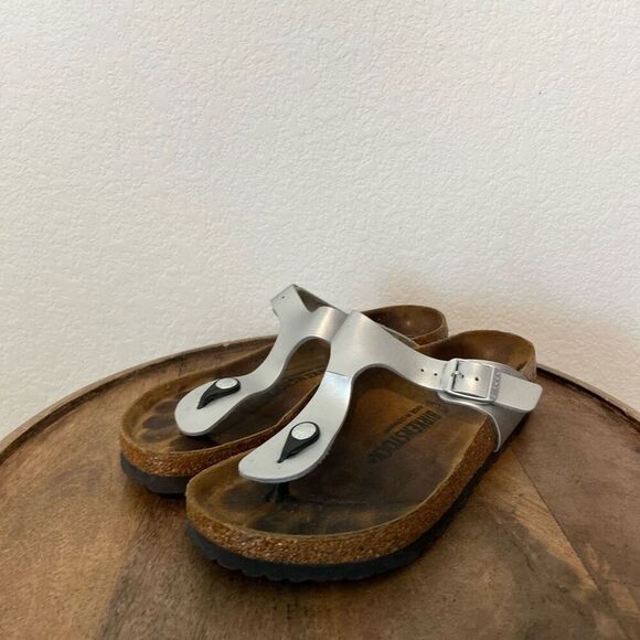 Birkenstock Metallic Silver Birko Flor Gizen Sandals Women's Size 38 7 - Picture 1 of 9